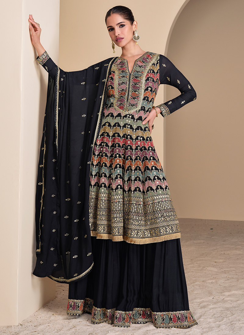 Women Black Georgette Sequence Embroidered Plazzo Suit